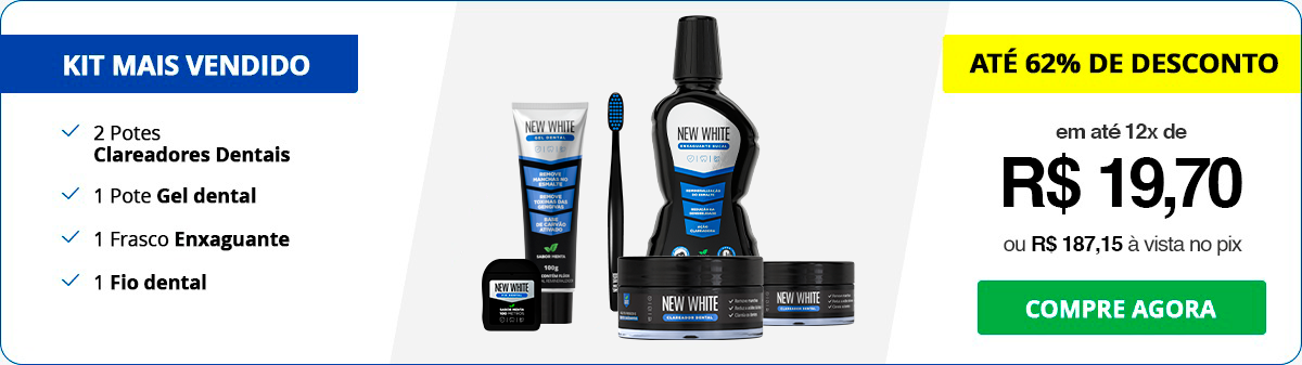 Banner mostrando o Kit mais vendido da New White, que é composto por dois potes de clareadores dentais, acompanhado por duas caixinhas de fio dental e duas escovas de dentes que vêm de brinde