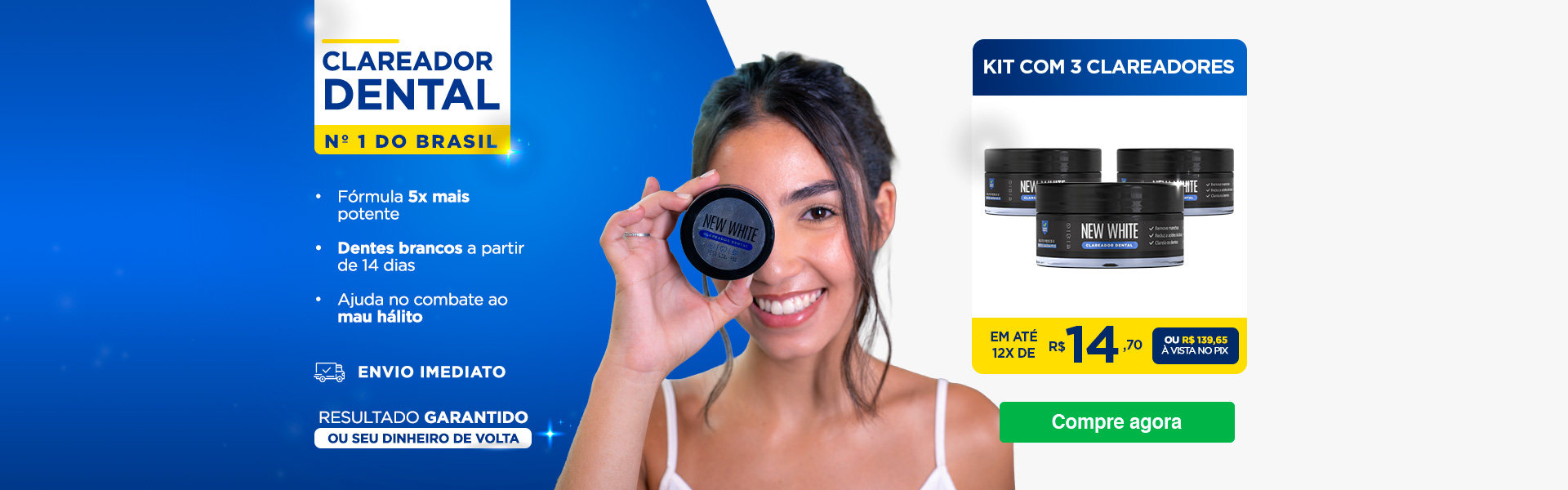 Banner desktop de promoção New White, mostrando a blogueira Graciele Lacerda com uma roupa na cor azul segurando na mão um pote de clareador dental New White
